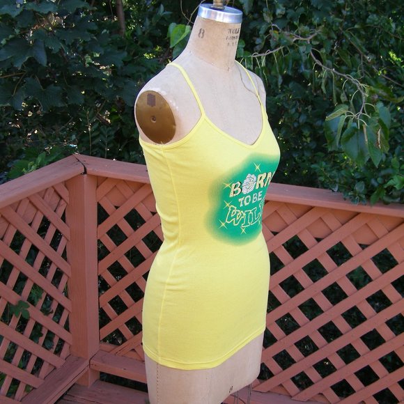 🇺🇸 NEW Mandee "Born to be Wild" yellow Cotton tank top S/M - Picture 3 of 10